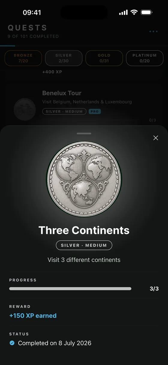 Three Continents silver achievement earned for visiting three continents